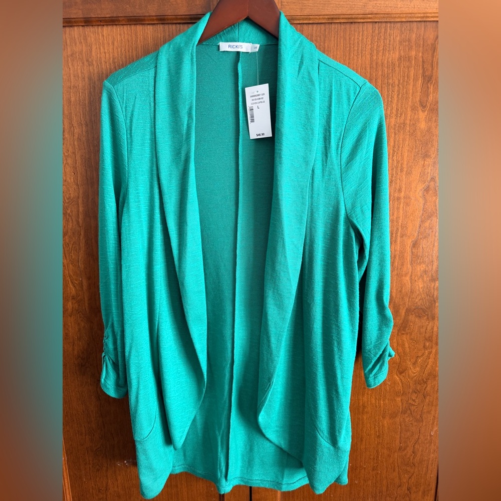 GREEN Open Front shawl collar Cardigan NWT